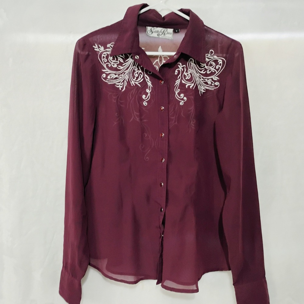 Vtg Saddle River Ranch Wear Burgundy Western Embroidered Sz Large Sheer Shirt Q